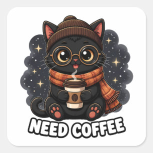 Brauche Kaffee Süße Schwarze Katze Vintage Kaffeel Quadratischer Aufkleber