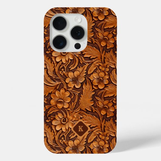 Braun 3-D-gearbeitete Leder Blumenmuster Monogramm Case-Mate iPhone Hülle (Rückseite)