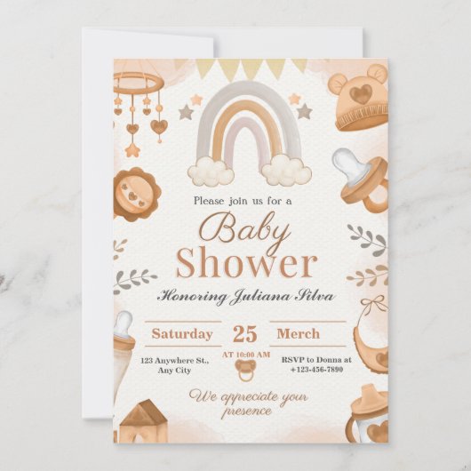 Braun Aquarell Babydusche Einladung (Vorderseite)