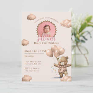 Braun Beary Foto zum ersten Geburtstag Einladung