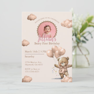 Braun Beary Foto zum ersten Geburtstag Einladung