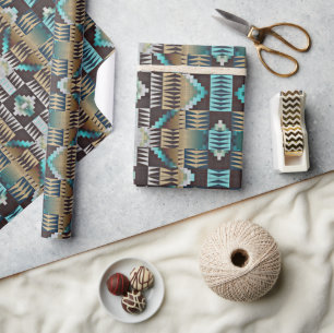 Braun Beige Aqua Türkis Blau Stammeskunst Geschenkpapier
