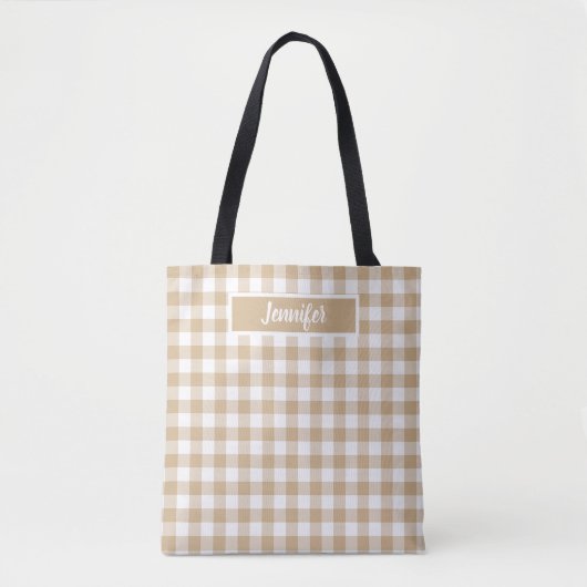 Braun Beige Kariert Gingham Personalisiert Tasche (Vorderseite)