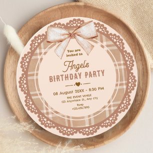 Braun beige Schleife Karo Geburtstag Einladung