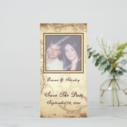 Braun-beige Scrollblatt-Hochzeit Sichern Sie das D Save The Date (Stehend Vorderseite)
