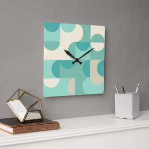 Braun Beige Türkis Blau Mintgrün Kreise Muster Quadratische Wanduhr