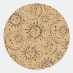 Braun Beige Vintage Himmelssonne Mond Sterne Party Runder Aufkleber