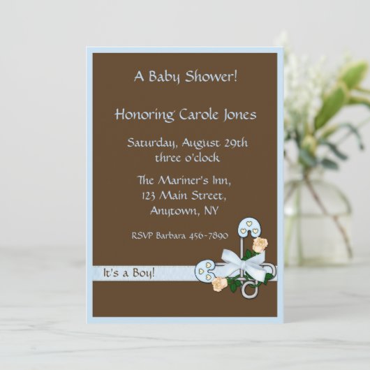 Braun Blue Baby Dusche Einladung (Stehend Vorderseite)