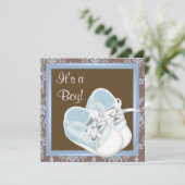 Braun Blue Damask Shoes Baby Boy Dusche Einladung (Stehend Vorderseite)