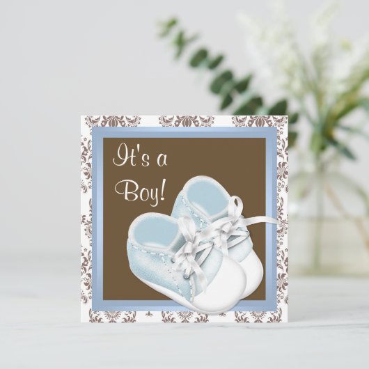 Braun Blue Damask Shoes Baby Boy Dusche Einladung (Stehend Vorderseite)
