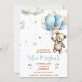 Braun & Blue Teddy Bear mit Balloons Baby Dusche Einladung