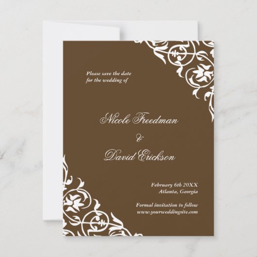 Braun blühte klassische Scrollhochzeit speichern S Save The Date (Vorderseite)