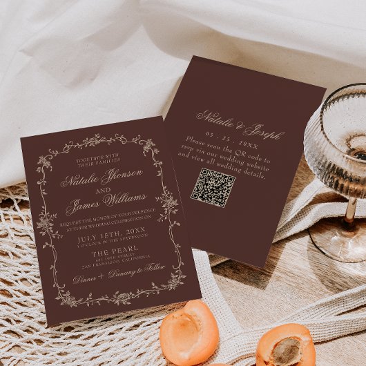 Braun-blumige Hochzeit mit QR-Code im Old-Money-St Einladung
