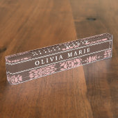 Braun Blush Pink Blume Blossom Muster Namensplakette (Seite)