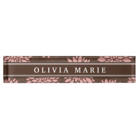 Braun Blush Pink Blume Blossom Muster Namensplakette (Vorderseite)