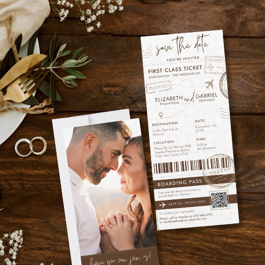 Braun Boarding Pass Zielort Foto Hochzeit Einladung
