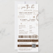 Braun Boarding Pass Zielort Foto Hochzeit Einladung (Vorderseite)