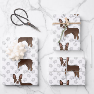 Braun Boston Terrier Cartoon-Hundemuster & Pfoten Geschenkpapier Set