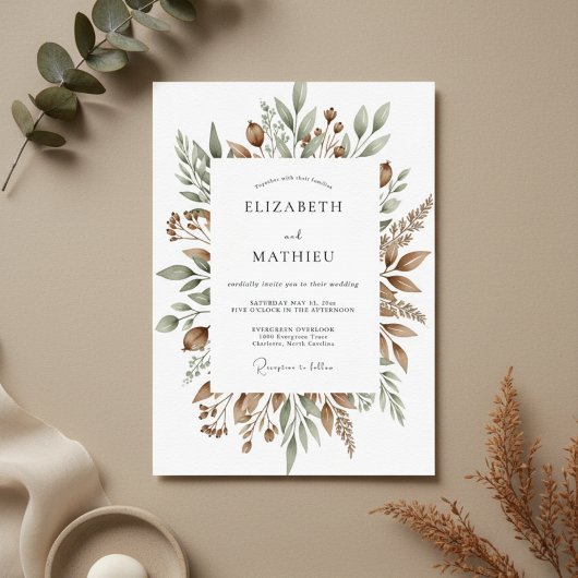 Braun Botanische Hochzeit Einladung