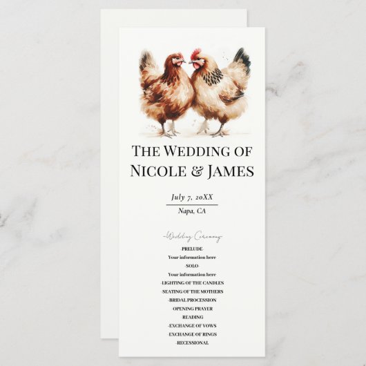 Braun Chickens Watercolor Country Wedding Program Menükarte (Vorne/Hinten)