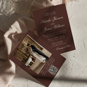 Braun-chocolate-farbene Old Money QR Code Foto-Hoc Einladung