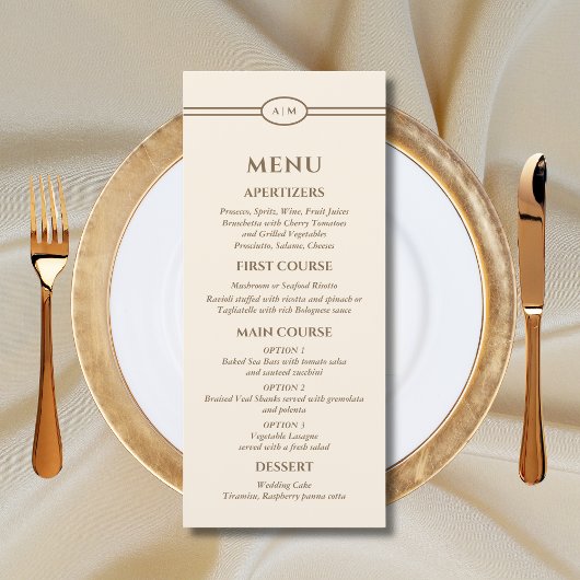 Braun-creme-farbenes Hochzeitsmenü mit Monogramm f Menükarte