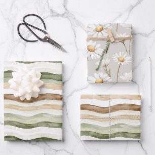 Braun Creme Grün Streifen Gänseblümchen Geburtstag Geschenkpapier Set