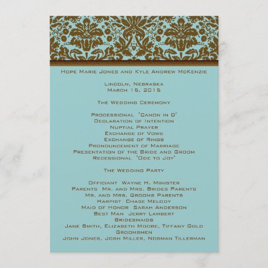 Braun Damask Hochzeitsprogramm Programm (Vorderseite)
