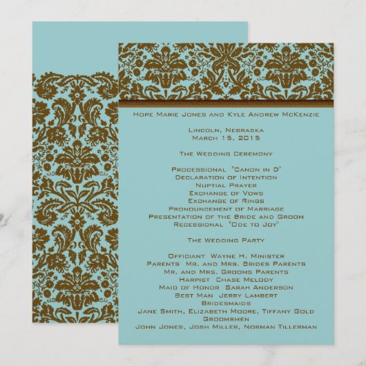 Braun Damask Hochzeitsprogramm Programm (Vorne/Hinten)