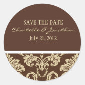 Braun Damask Hochzeitsticker Runder Aufkleber (Vorderseite)