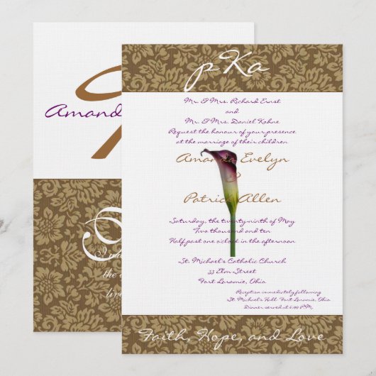 Braun Damask Wedding Inv. Einladung (Vorne/Hinten)