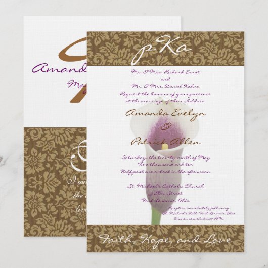 Braun Damask Wedding Inv. Einladung (Vorne/Hinten)