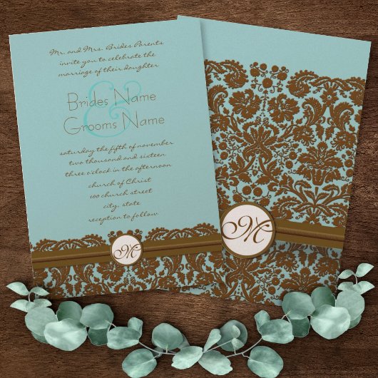 Braun Damask Wedding Monogram Einladungen