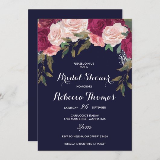 Braun-Dusche, bordeauxrot, rosa Blüte Einladung (Vorne/Hinten)