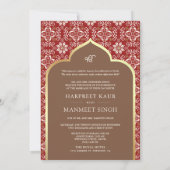 Braun Elfenbein Rot Muster Anand Karaj Sikh Hochze Einladung (Rückseite)