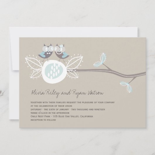 Braun-Eulen auf Zweig Whimsical Einladung (Vorderseite)