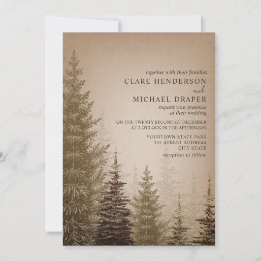 Braun Evergreen Tree Rustic Wedding Einladung (Vorderseite)