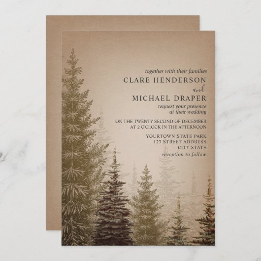 Braun Evergreen Tree Rustic Wedding Einladung (Vorne/Hinten)