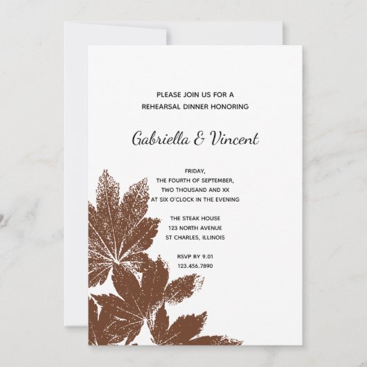 Braun Fall Leaf Briefmarke Hochzeit Probe Dinner Einladung (Vorderseite)
