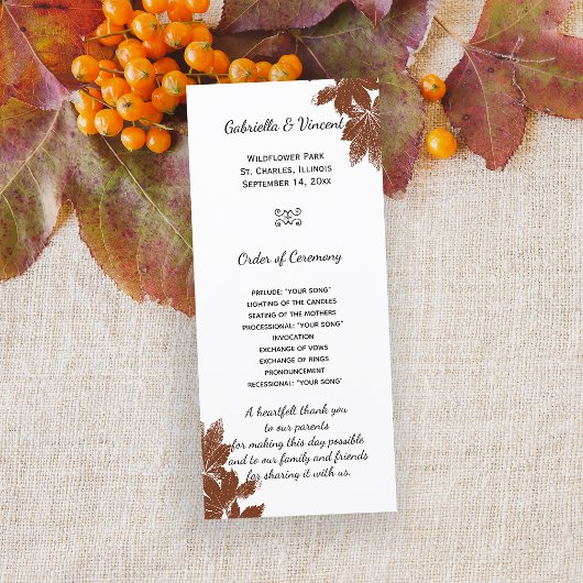 Braun Fall Maple Leaf Briefmarke Hochzeitsprogramm Programm