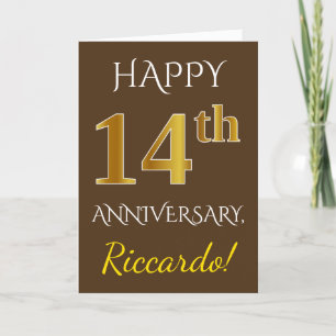 Braun, Faux Gold 14. Hochzeitstag + Name Karte