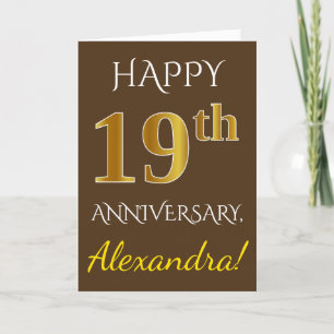 Braun, Faux Gold 19. Hochzeitstag + Name Karte