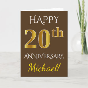 Braun, Faux Gold 20. Hochzeitstag + Name Karte