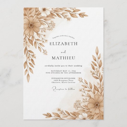 Braun Floral Pinselstrich Romantische Hochzeit Einladung (Vorderseite)