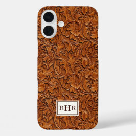 Braun geprägtes Leder mit Monogramm iPhone 16 Plus Hülle