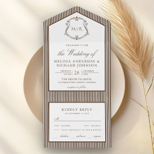 Braun gestreifte Crest-Monogramm-Hochzeit All In One Einladung