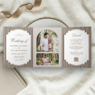 Braun gestreifte Hochzeit mit QR-Code-Foto Dreifach Gefaltete Einladung