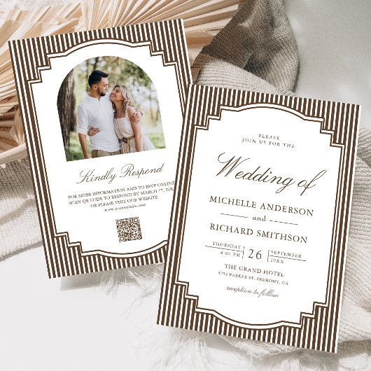 Braun gestreifte Hochzeit mit QR-Code-Foto Einladung