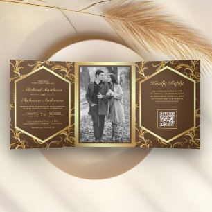 Braun Gold Florieren Wirbel Foto QR Code Hochzeit Dreifach Gefaltete Einladung
