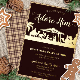 Braun & Gold Krippe Religiöses Weihnachtsfest Part Folieneinladung